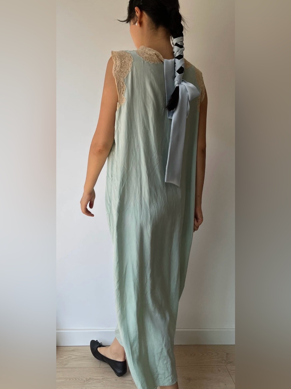 Antique vintage 1920s 1930s Silk Light Mint Green Maxi Slip Dress - Picture 2 of 5